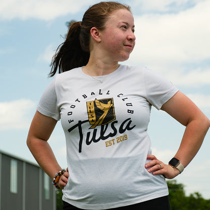 FC Tulsa L2 Ladies Crest Script Tee - Heather Canvas